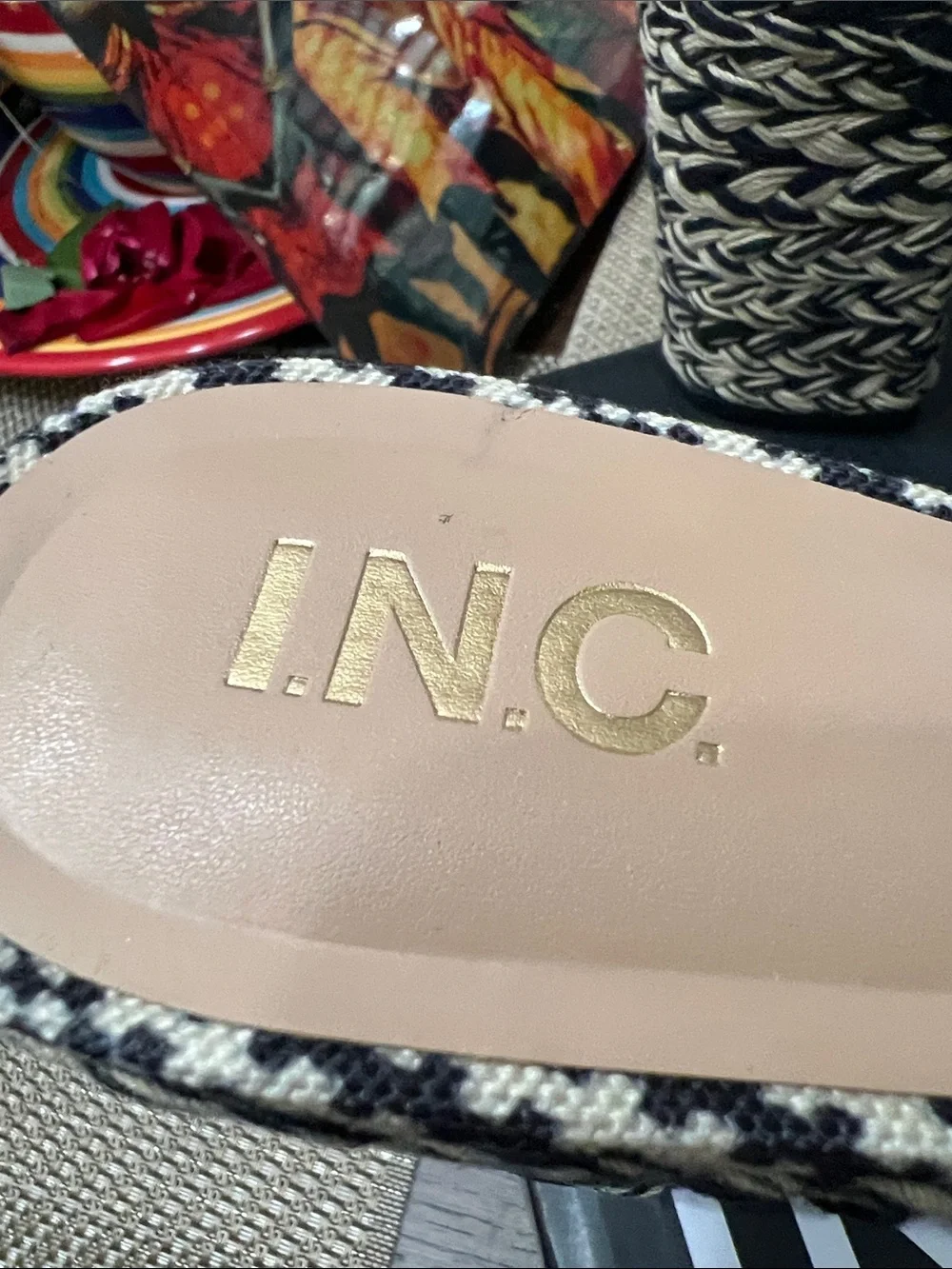 INC International Concepts Black and Cream Braided Platform Mules